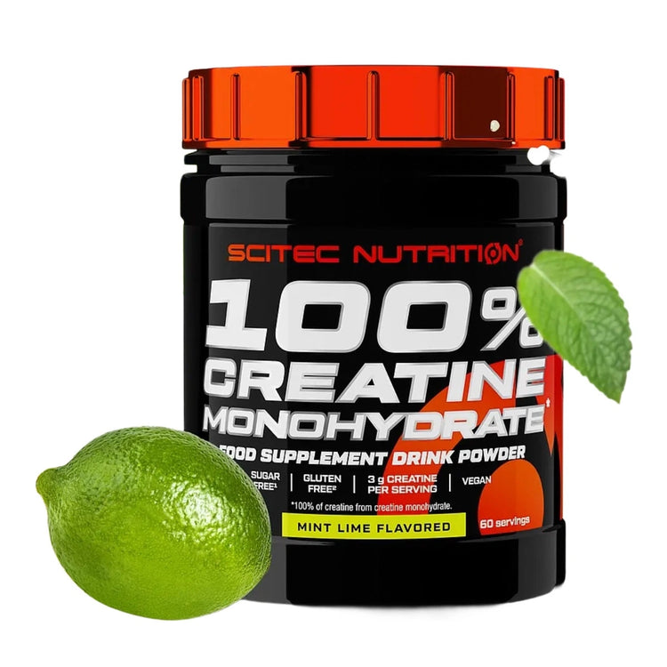Scitec Nutrition 100% Creatine Monohydrate flavoured powder, Mint Lime, tub with lime