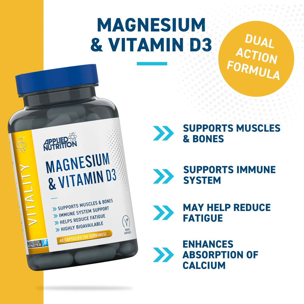 Applied Nutrition Magnesium and Vitamin D3 benefits: supports muscles and bones, supports immune system, may help reduce fatigue, enhances absorption of calcium