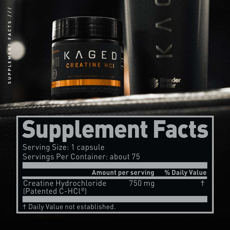 Kaged Creatine HCl capsules supplement facts panel: one capsule, about 75 servings, 750mg patented creatine hydrochloride