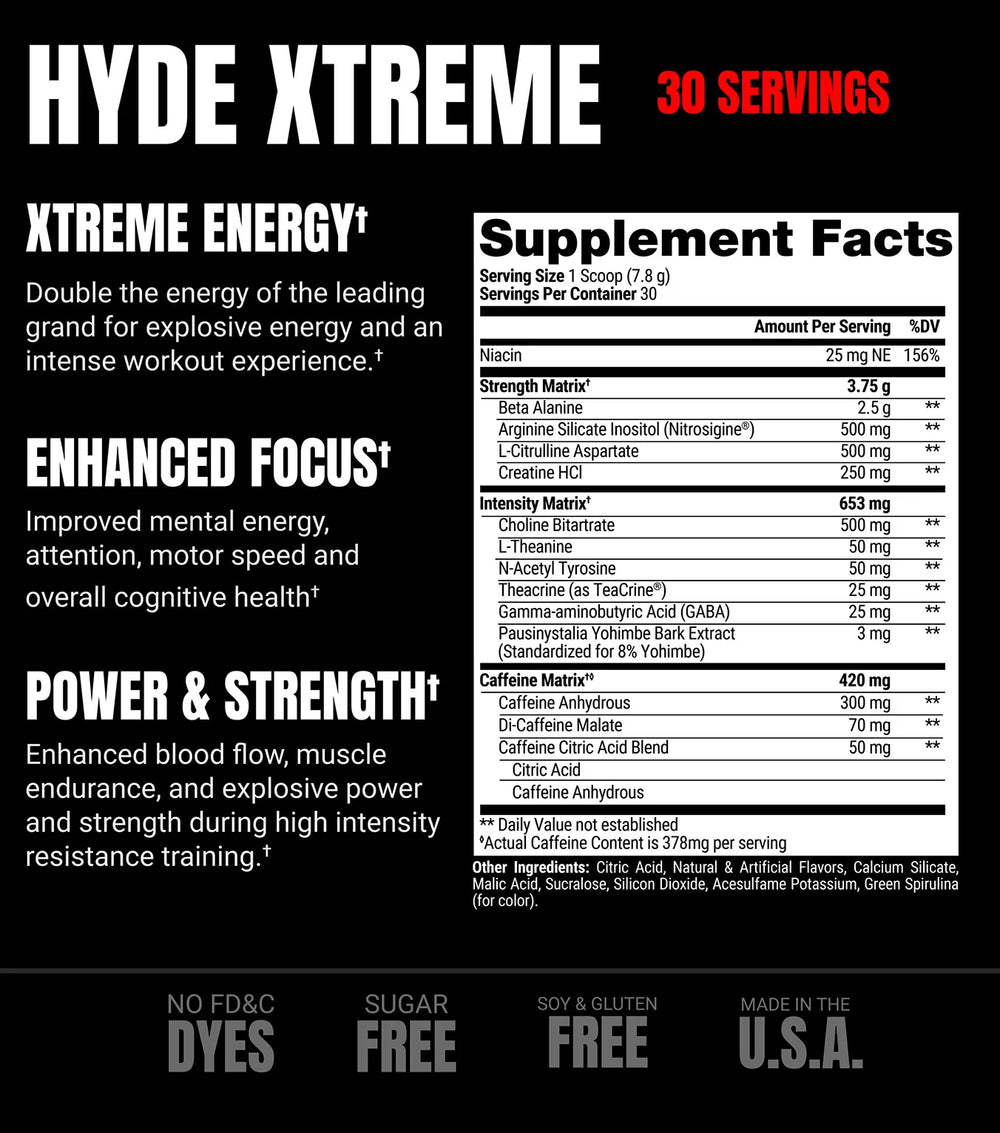 HYDE Xtreme supplement facts panel showing caffeine and performance ingredients