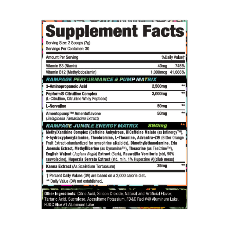 MuscleSport Rhino Rampage supplement facts panel listing ingredients and doses per scoop