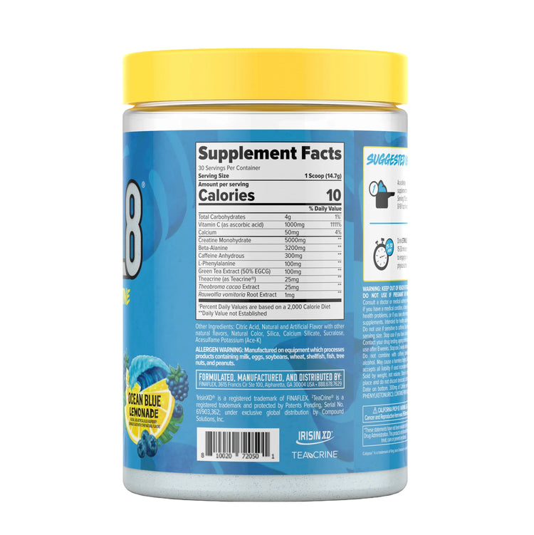 Finaflex Stimul8 Calypso blue tub, back of pack showing the supplement facts panel