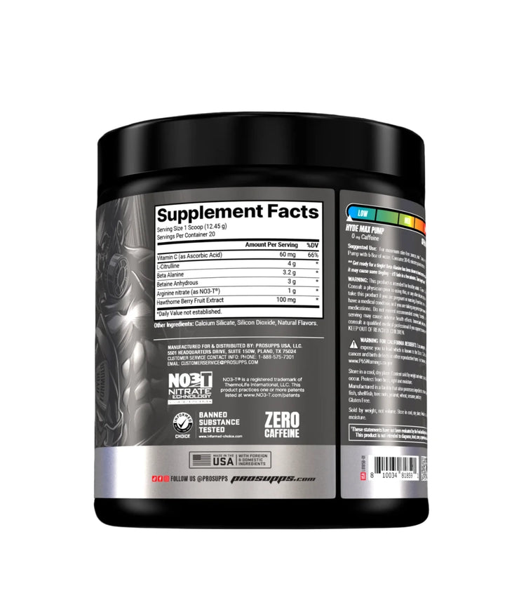 ProSupps Mr. HYDE Max Pump stimulant-free pre-workout tub, front of pack