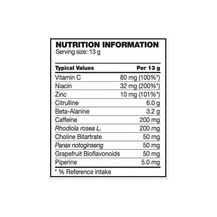 BSN N.O.-Xplode nutrition information table per 13g serving: vitamin C, niacin, zinc, citrulline, beta-alanine and 200mg caffeine