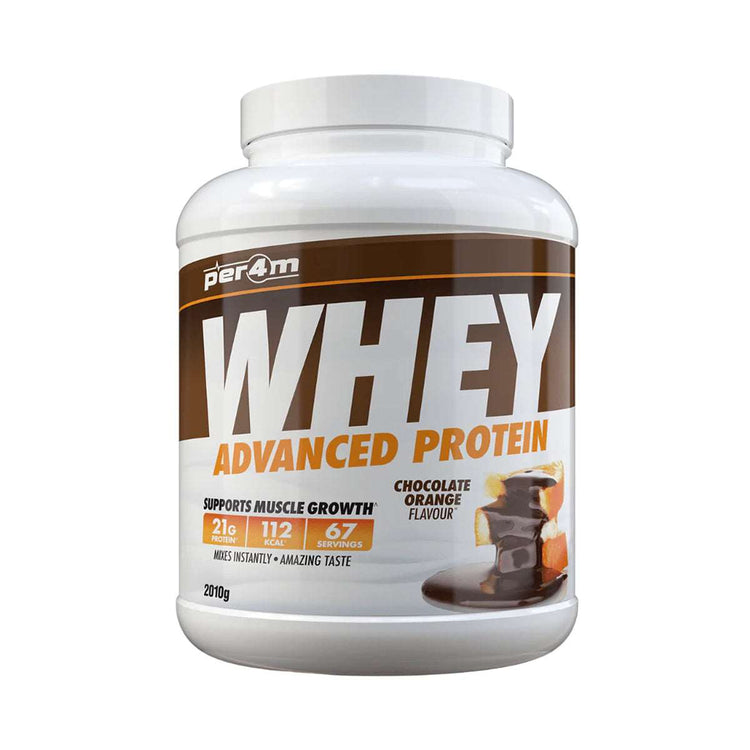 PER4M Whey Advanced Protein 2kg tub, Chocolate Orange flavour, front of pack