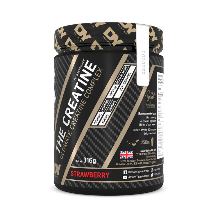 DY Nutrition The Creatine 316g tub, Strawberry flavour, angled view