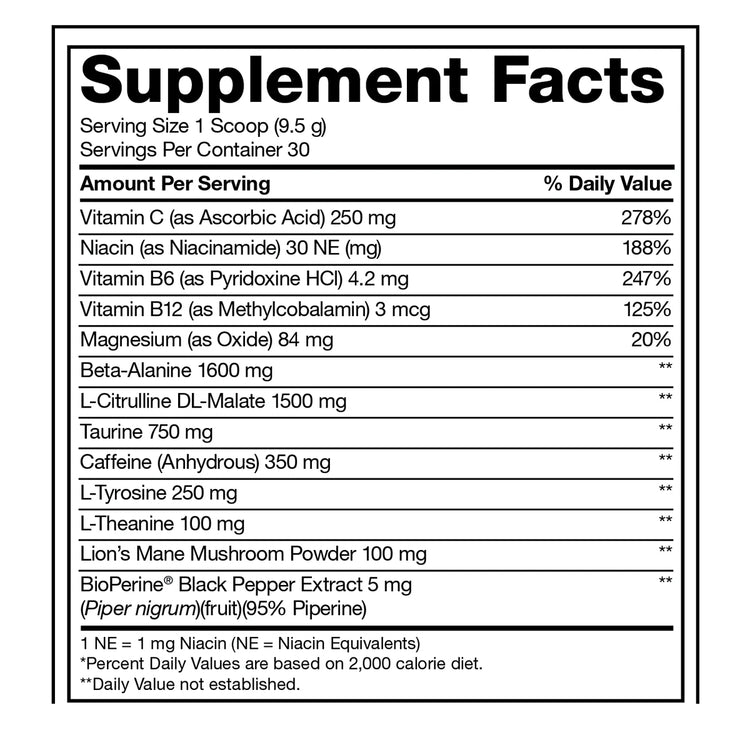 Mutant Madness supplement facts panel: 8.5g scoop with vitamin C, B vitamins, magnesium, beta-alanine, citrulline malate and 350mg caffeine anhydrous