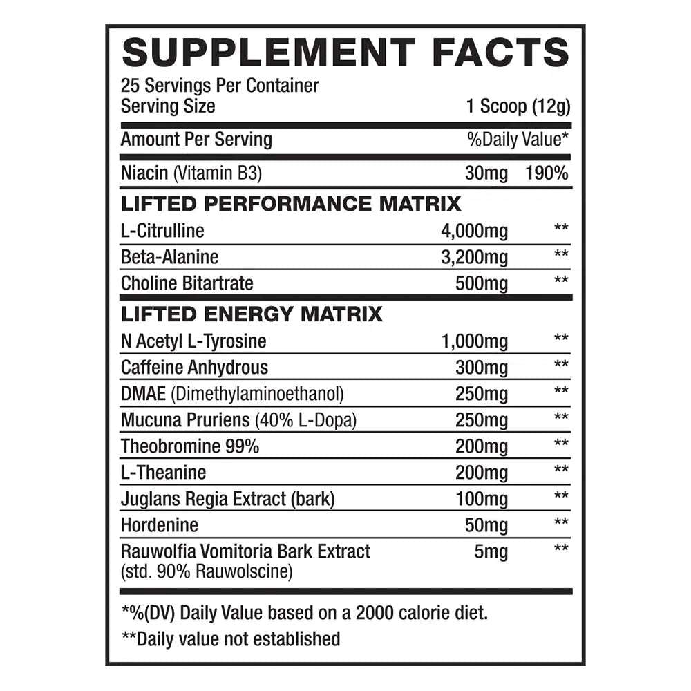 liftednutra lifted preworkout supplement facts