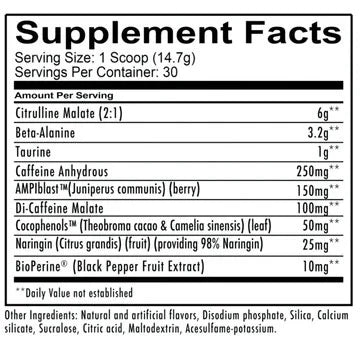 REDCON1 Total War supplement facts panel: 14.7g scoop with citrulline malate, beta-alanine, taurine and 250mg caffeine anhydrous