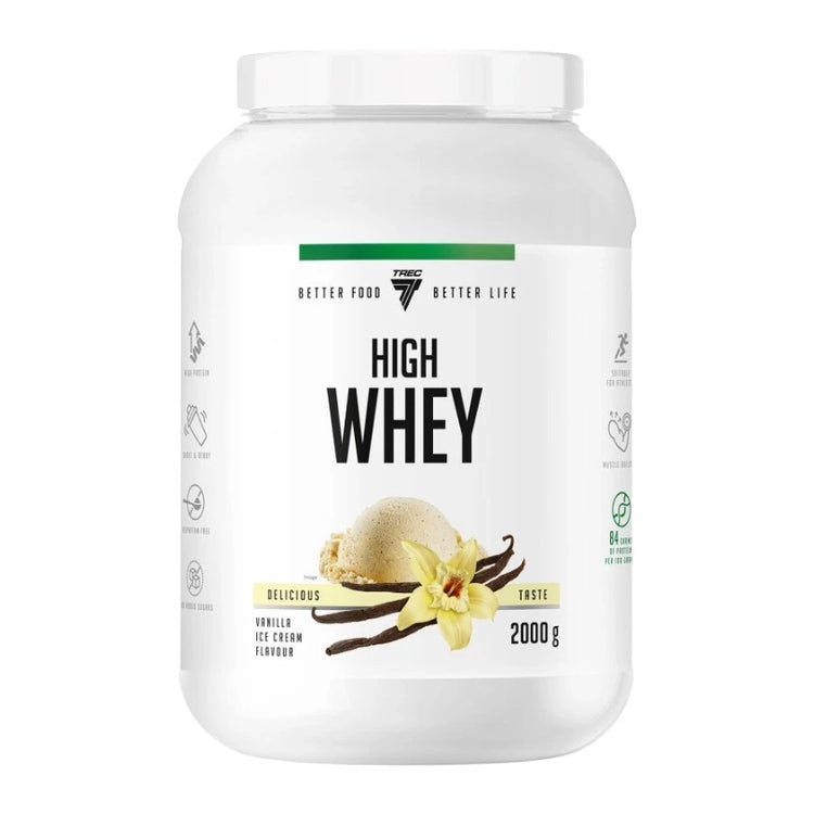 Trec Nutrition High Whey 2kg tub, Vanilla flavour, front of pack