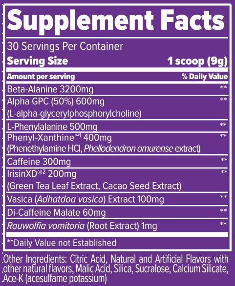 Finaflex Stimul8 2.0 supplement facts panel, 30 servings, one 9g scoop