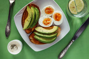 A white plate of eggs and avocado, illustrating daily protein intake from whole foods
