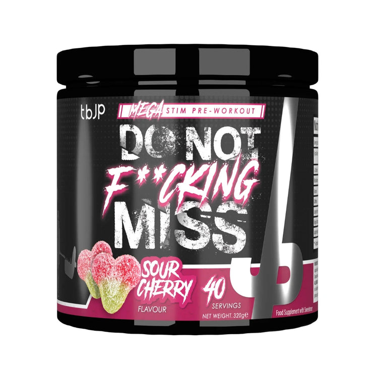 TBJP DNFM pre-workout tub, Cherry flavour, 40 servings, front of pack