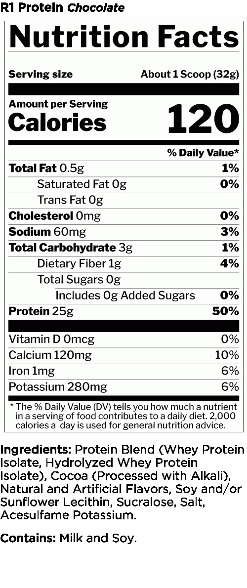 Rule 1 R1 Protein nutrition facts and ingredients panel, 32 g scoop, 120 calories, 25 g protein, 3 g carbohydrate, contains milk and soy