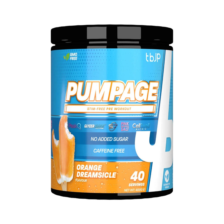TBJP Pumpage tub, Orange Dreamsicle flavour, 40 servings, front of pack
