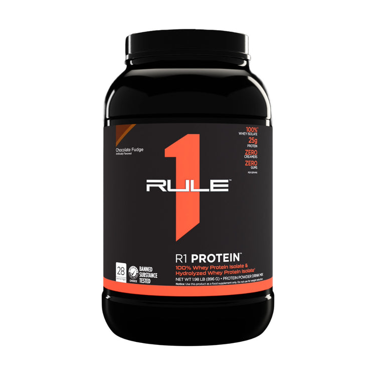 Rule 1 R1 Protein 100% whey isolate and hydrolysate powder, Chocolate Fudge, 896 g tub, 28 servings, front of pack