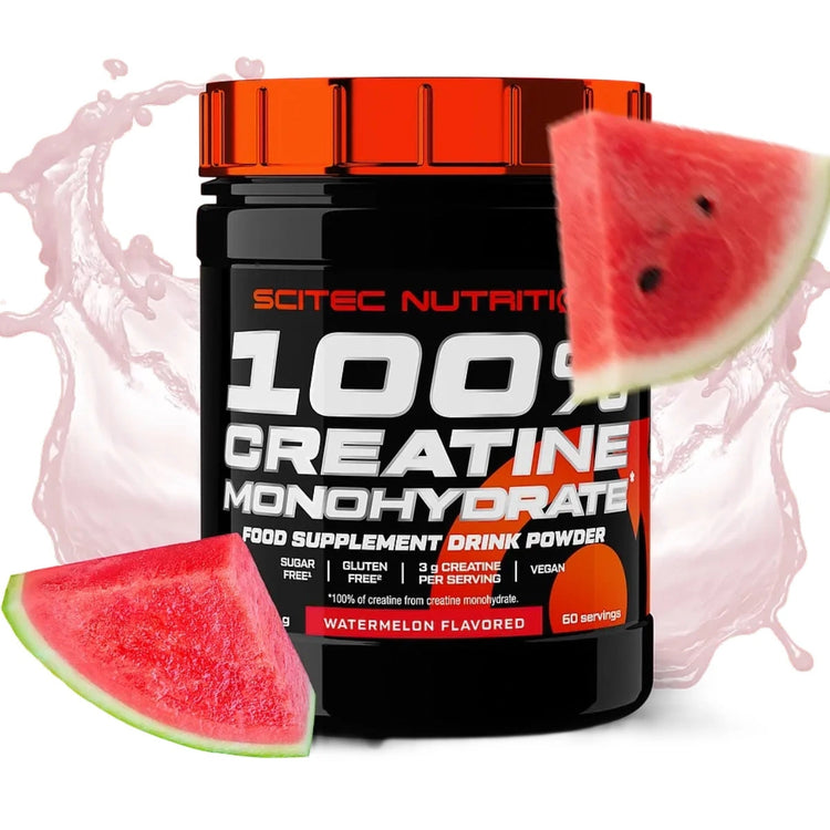 Scitec Nutrition 100% Creatine Monohydrate flavoured powder, Watermelon, tub with watermelon slices
