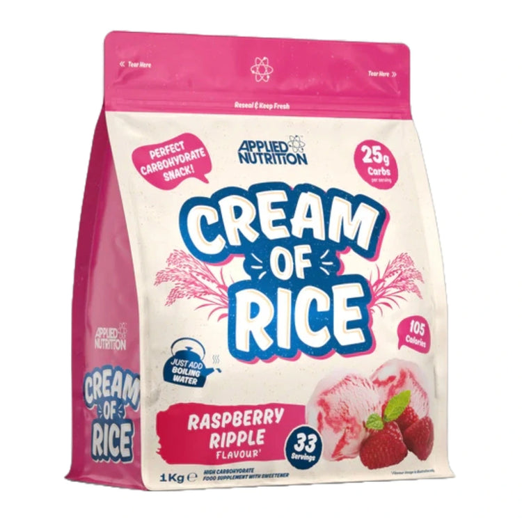 Applied Nutrition Cream of Rice 1kg tub, Raspberry Ripple flavour, front of pack