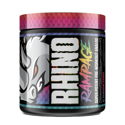 A container of Musclesport Rhino Rampage Pre-workout with a colorful label featuring a rhino graphic.