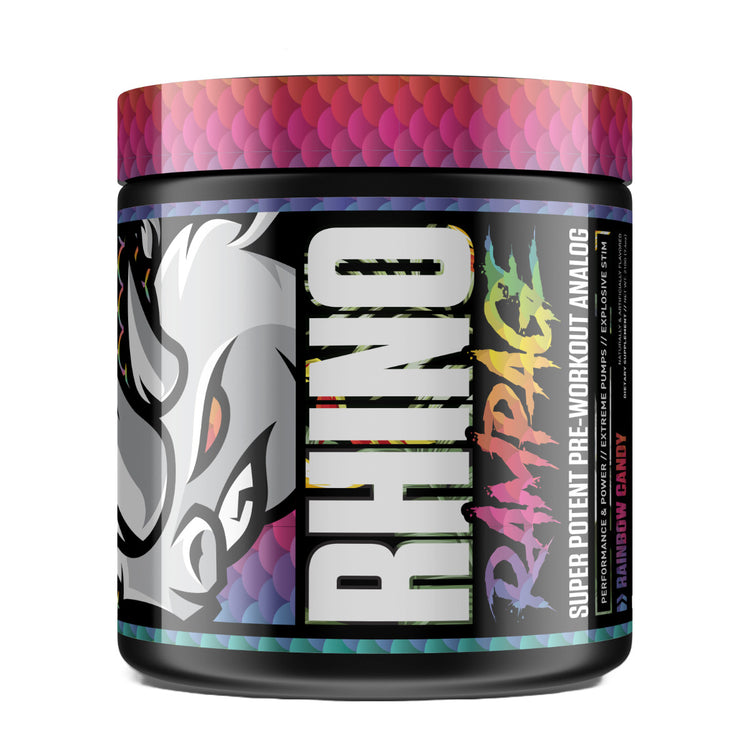 MuscleSport Rhino Rampage pre-workout tub, Rainbow flavour, front of pack