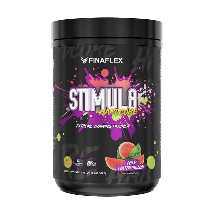 Finaflex Stimul8 Hardcore pre-workout tub, Watermelon flavour, front of pack