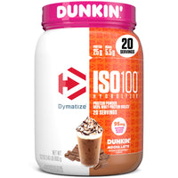Dymatize ISO 100 hydrolysed whey protein isolate tub, Dunkin' Mocha Latte flavour, 20 servings, 95mg caffeine per scoop