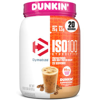 Dymatize ISO 100 hydrolysed whey protein isolate tub, Dunkin' Cappuccino flavour, 20 servings, 95mg caffeine per scoop