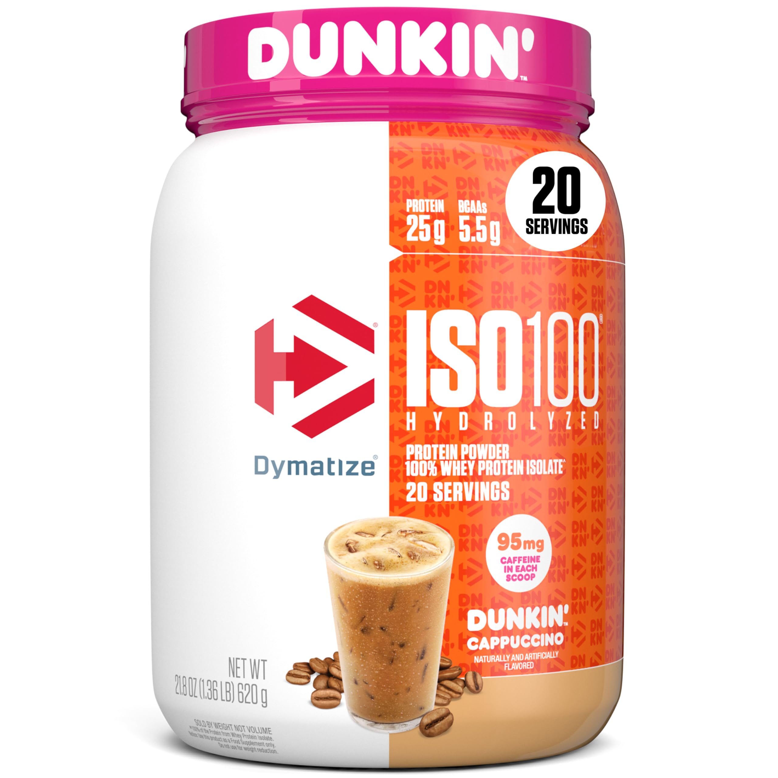 Dymatize ISO 100 hydrolysed whey protein isolate tub, Dunkin' Cappuccino flavour, 20 servings, 95mg caffeine per scoop