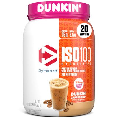 Dymatize ISO 100 hydrolysed whey protein isolate tub, Dunkin' Cappuccino flavour, 20 servings, 95mg caffeine per scoop