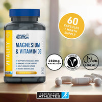 Applied Nutrition Magnesium and Vitamin D3 bottle showing 60 capsules one month supply, 280mg magnesium, veggie friendly and halal certified
