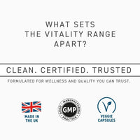 Applied Nutrition Vitality range credentials: made in the UK, GMP good manufacturing practice, veggie capsules