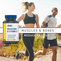 Applied Nutrition Magnesium and Vitamin D3 bottle beside two runners outdoors, captioned muscles and bones, reduce fatigue