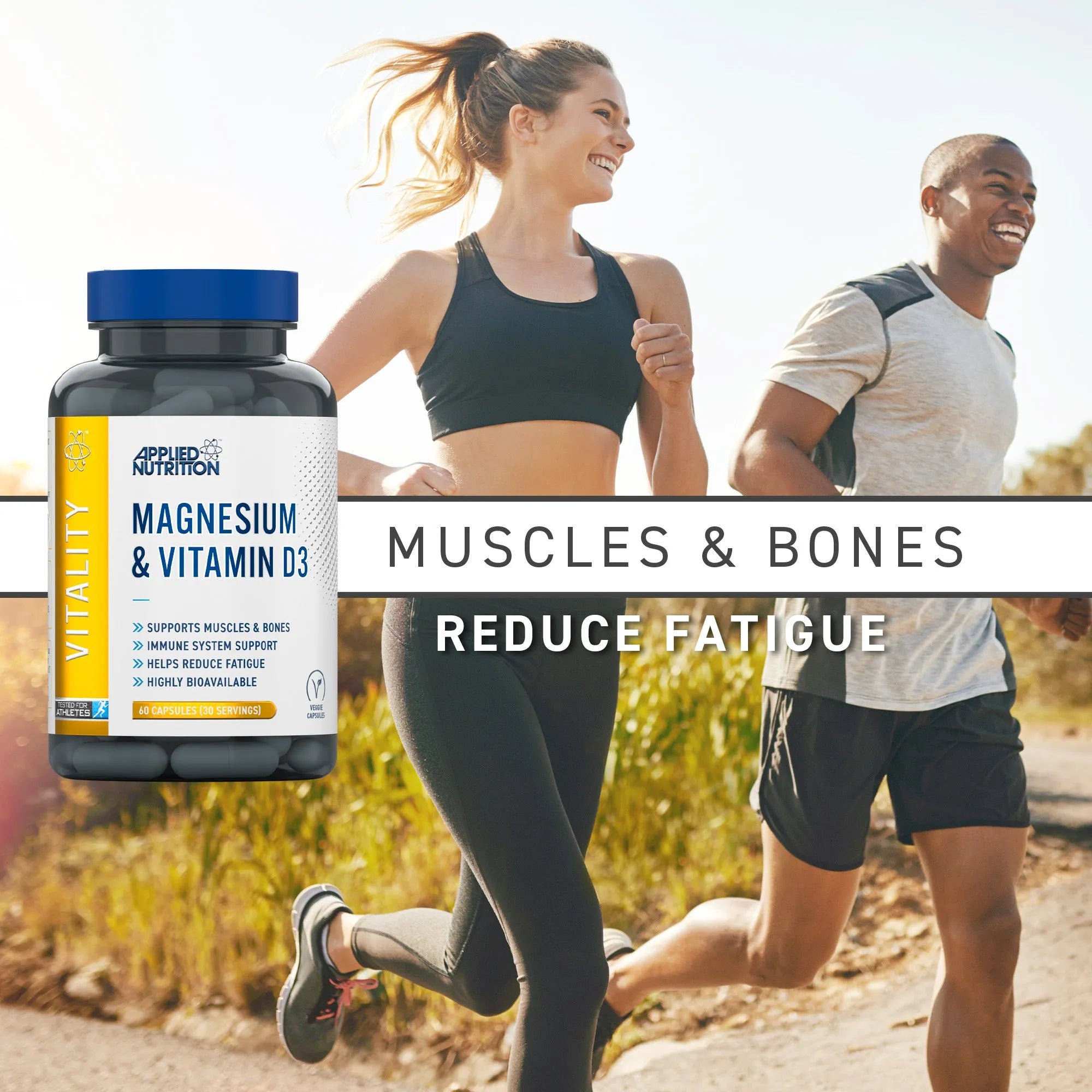 Applied Nutrition Magnesium and Vitamin D3 bottle beside two runners outdoors, captioned muscles and bones, reduce fatigue