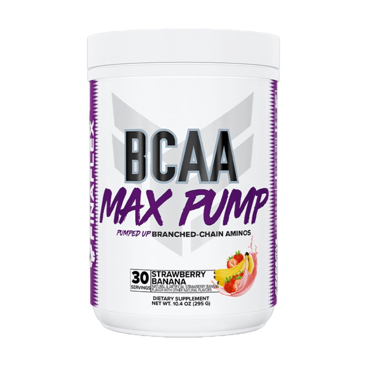 Finaflex BCAA Max Pump tub, Strawberry Banana flavour, 30 servings, front of pack