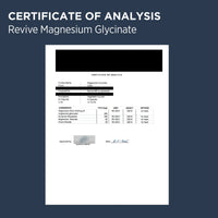 Certificate of Analysis for Revive Magnesium Glycinate on a dark blue background