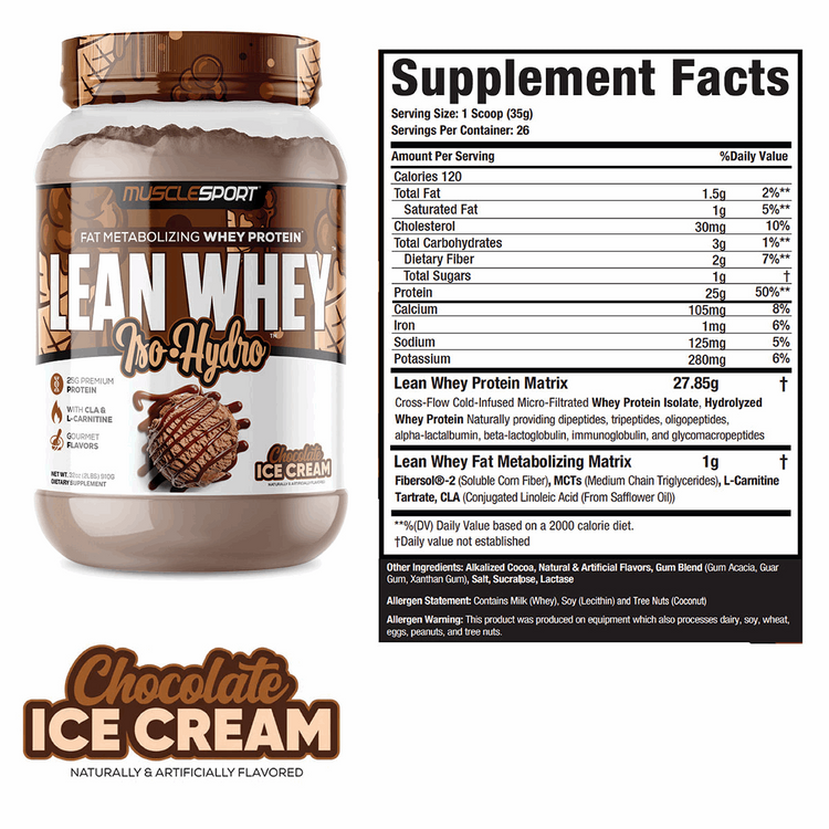MuscleSport Lean Whey Chocolate supplement facts panel