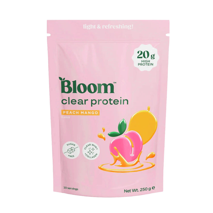 Bloom Clear Protein 250g pouch, Peach Mango flavour, 20g protein per serving