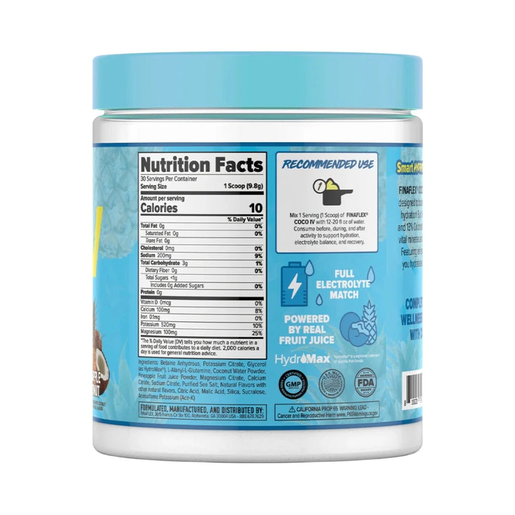 Finaflex COCO IV Hydration Drink back of tub showing the nutrition facts panel and directions