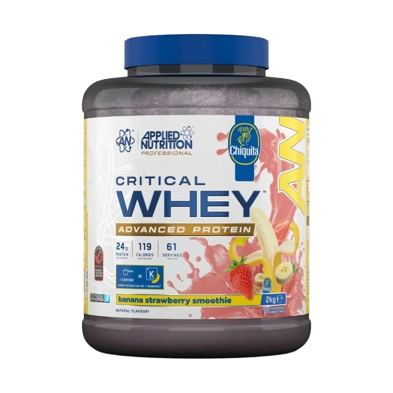 Critical Whey protein powder container with Applied Nutrition and Chiquita branding on a white background