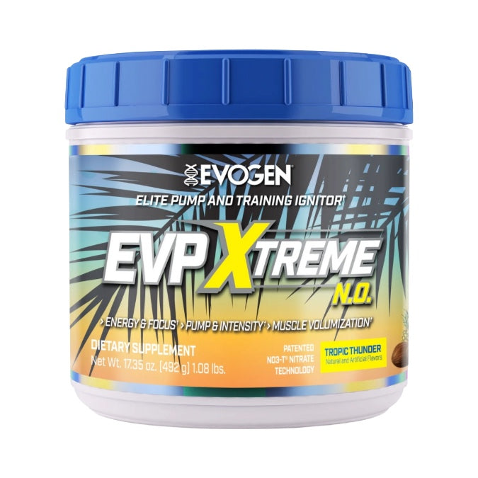 Evogen EVP Xtreme N.O. pre-workout tub with blue lid, front of pack