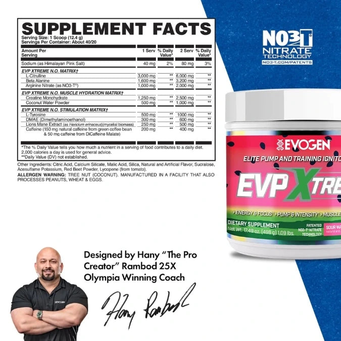 Evogen EVP Xtreme N.O. tub showing the supplement facts label