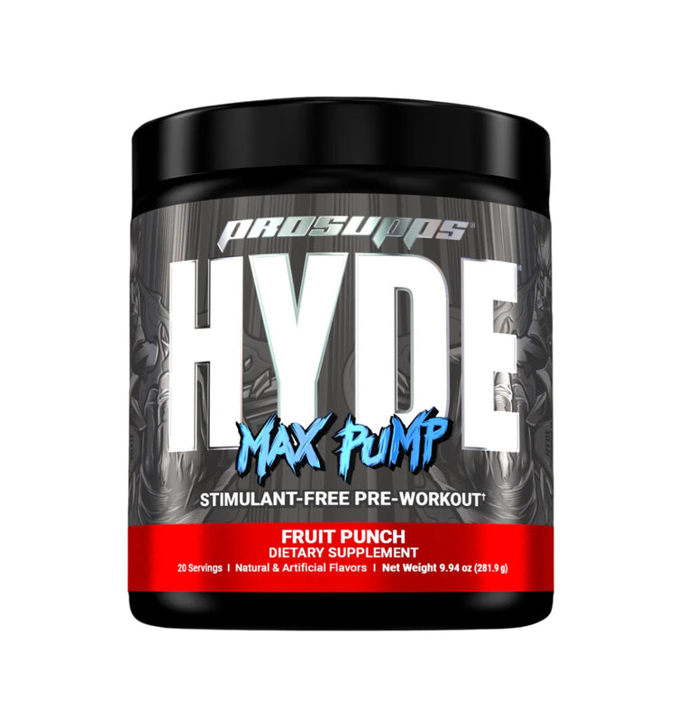 ProSupps Mr. HYDE Max Pump stimulant-free pre-workout tub, Fruit Punch flavour, front of pack