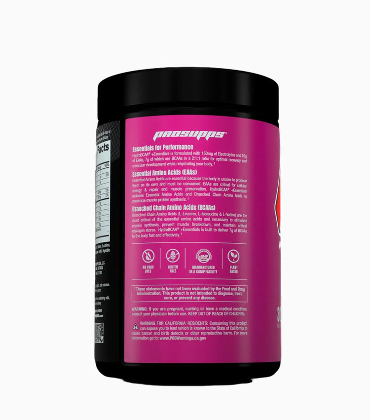 ProSupps HydroBCAA plus EAA tub, pink label, side view
