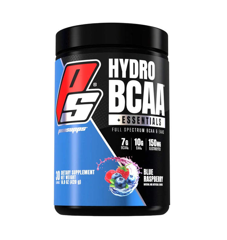 ProSupps HydroBCAA plus EAA tub, Blue Raspberry flavour, 30 servings, front of pack