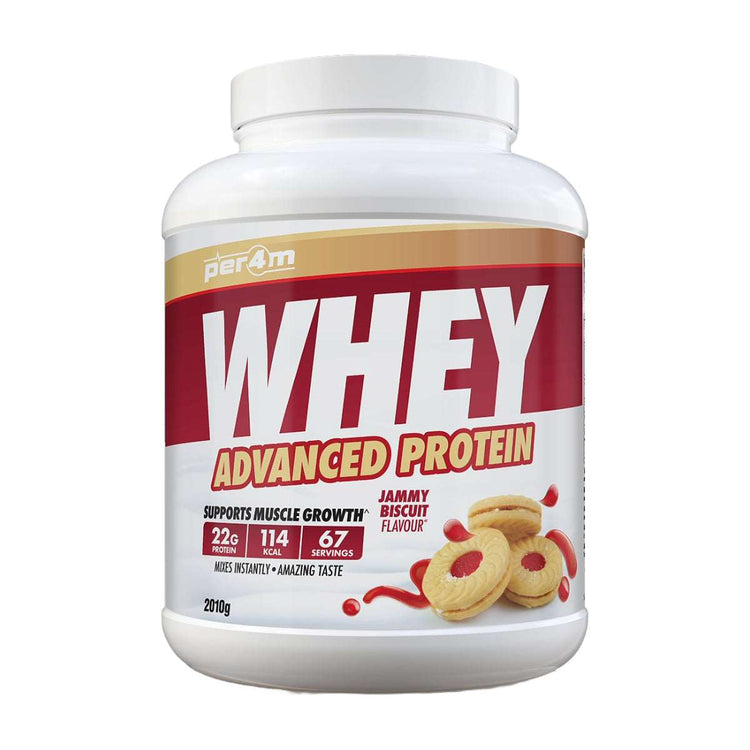 PER4M Whey Advanced Protein 2kg tub, Jammy Biscuit flavour, front of pack