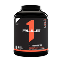 Rule 1 protein powder container on a white background