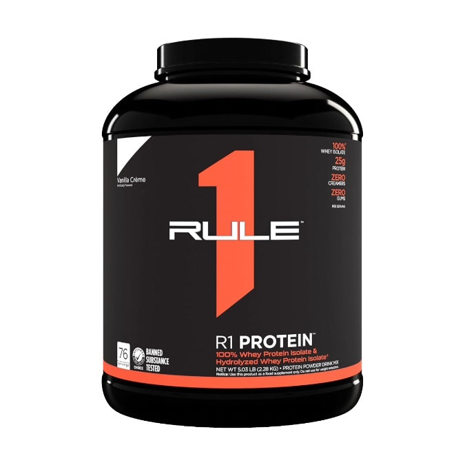 Rule 1 R1 Protein 100% whey isolate and hydrolysate powder, 2.28 kg tub, front of pack showing 25 g protein per serving and Informed Choice banned substance tested badge