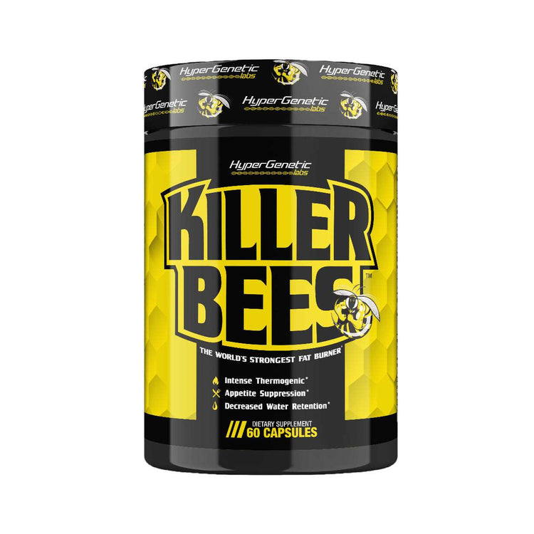 Hyper Genetic Killer Bees, black and gold tub, 60 capsules, front of pack