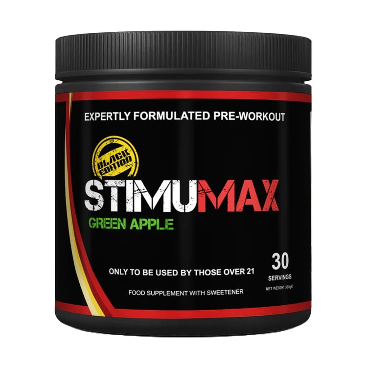 StimuMAX Black Edition pre-workout, 30 servings tub, front of pack