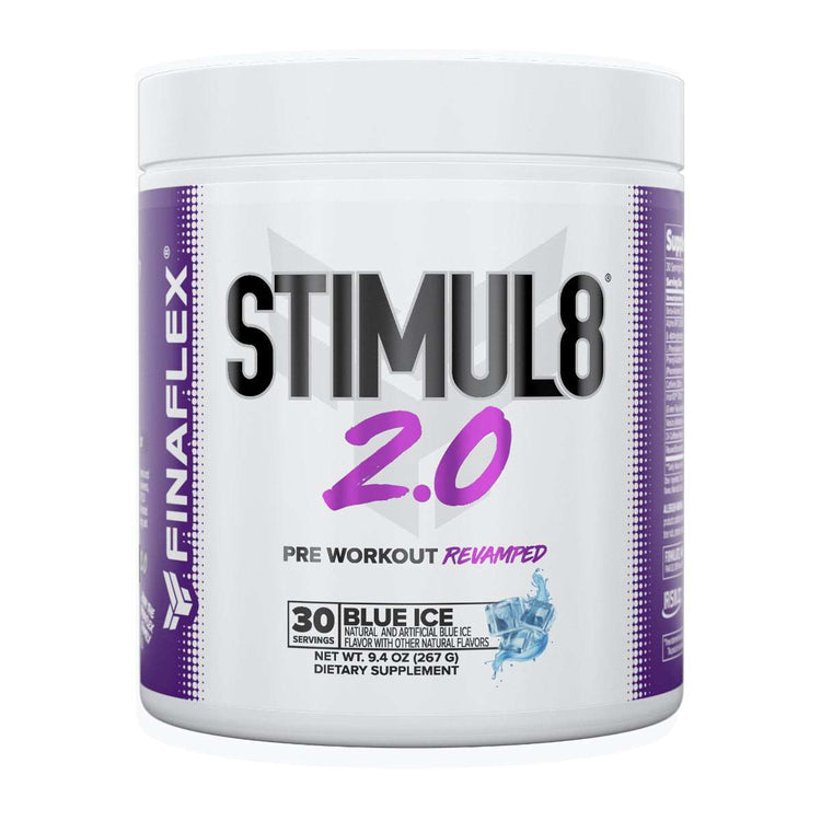 Finaflex Stimul8 2.0 pre-workout tub, Blue Ice flavour, 30 servings, front of pack